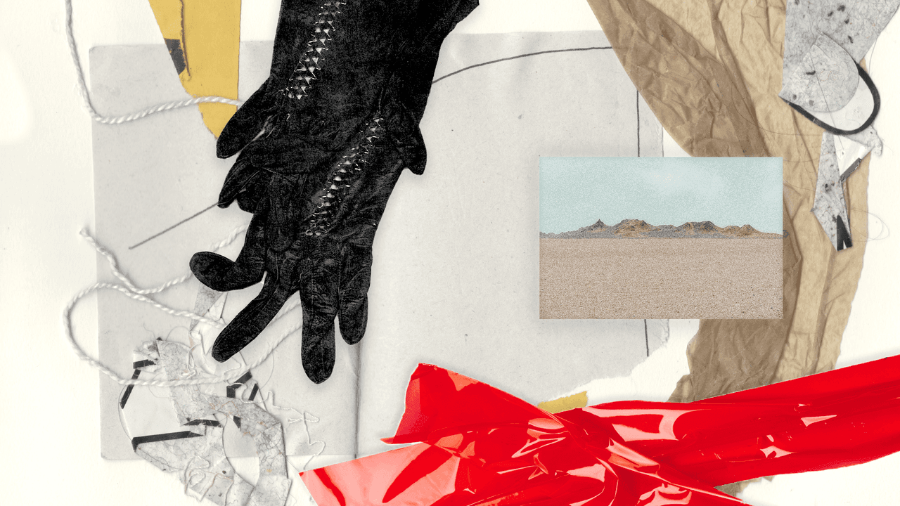 Collage with a black leather glove, a desert landscape photo, and a bright red ribbon.